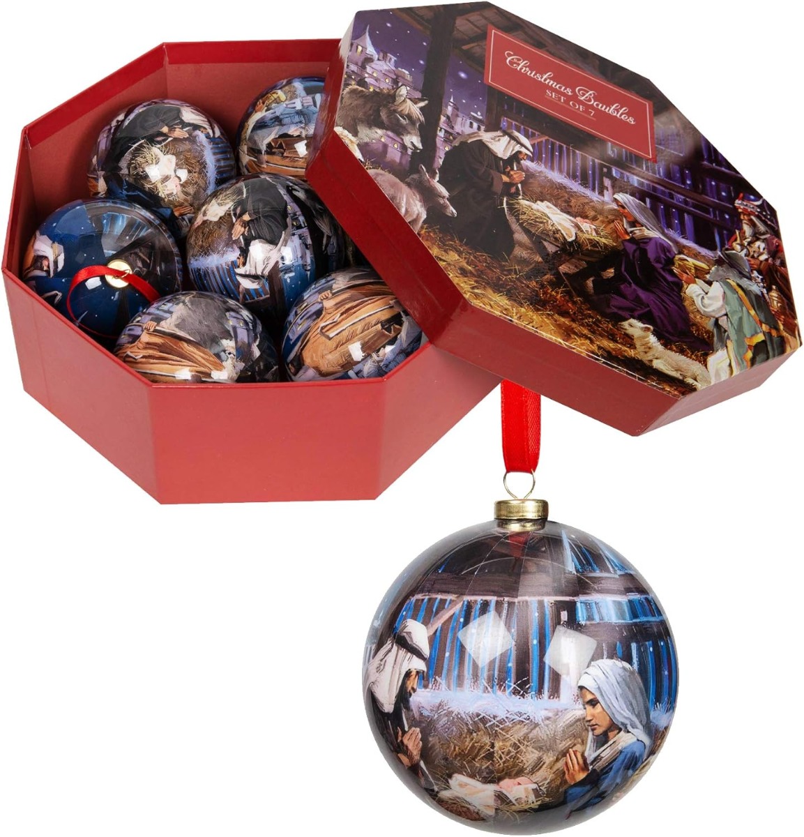 Santa's Workshop Box of 7 Christmas Baubles Shatterproof Plastic 70mm - Nativity Santa's Workshop Box of 7 Christmas Baubles Shatterproof Plastic 70mm - Nativity