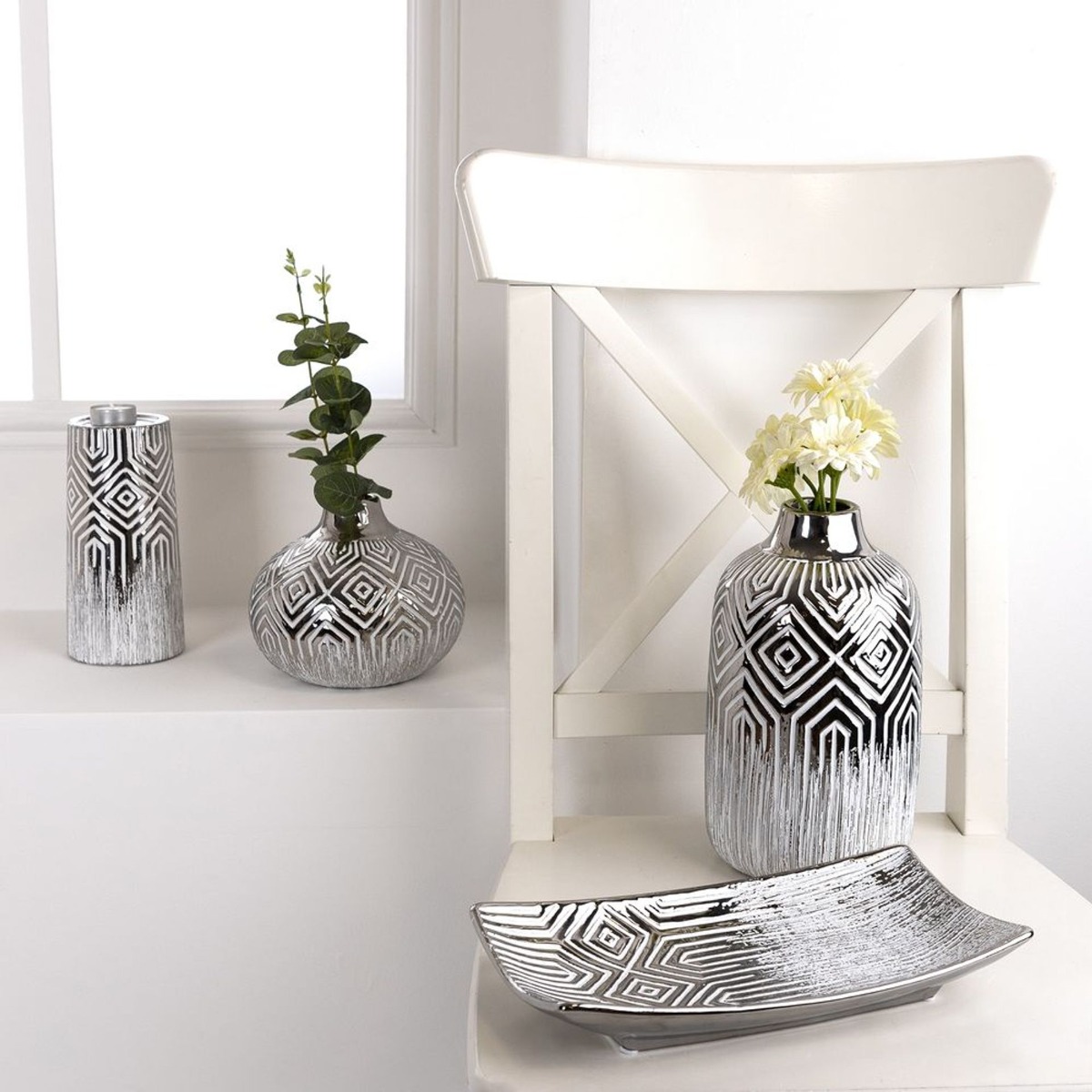 Silver & White Geometric Round Vase 15cm